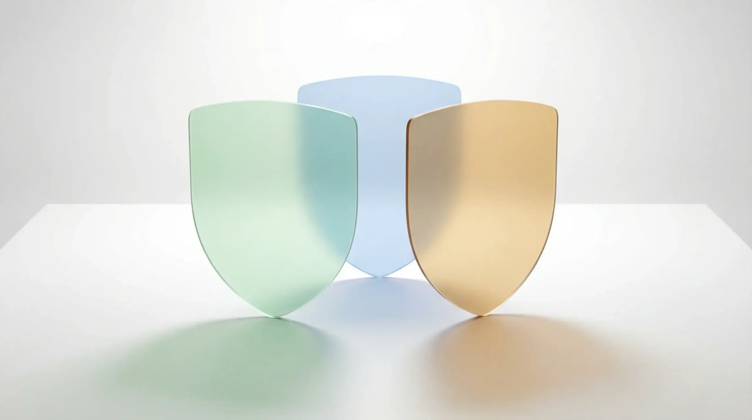 Three overlapping shield icons on a desk representing different layers of self-exclusion protection tools