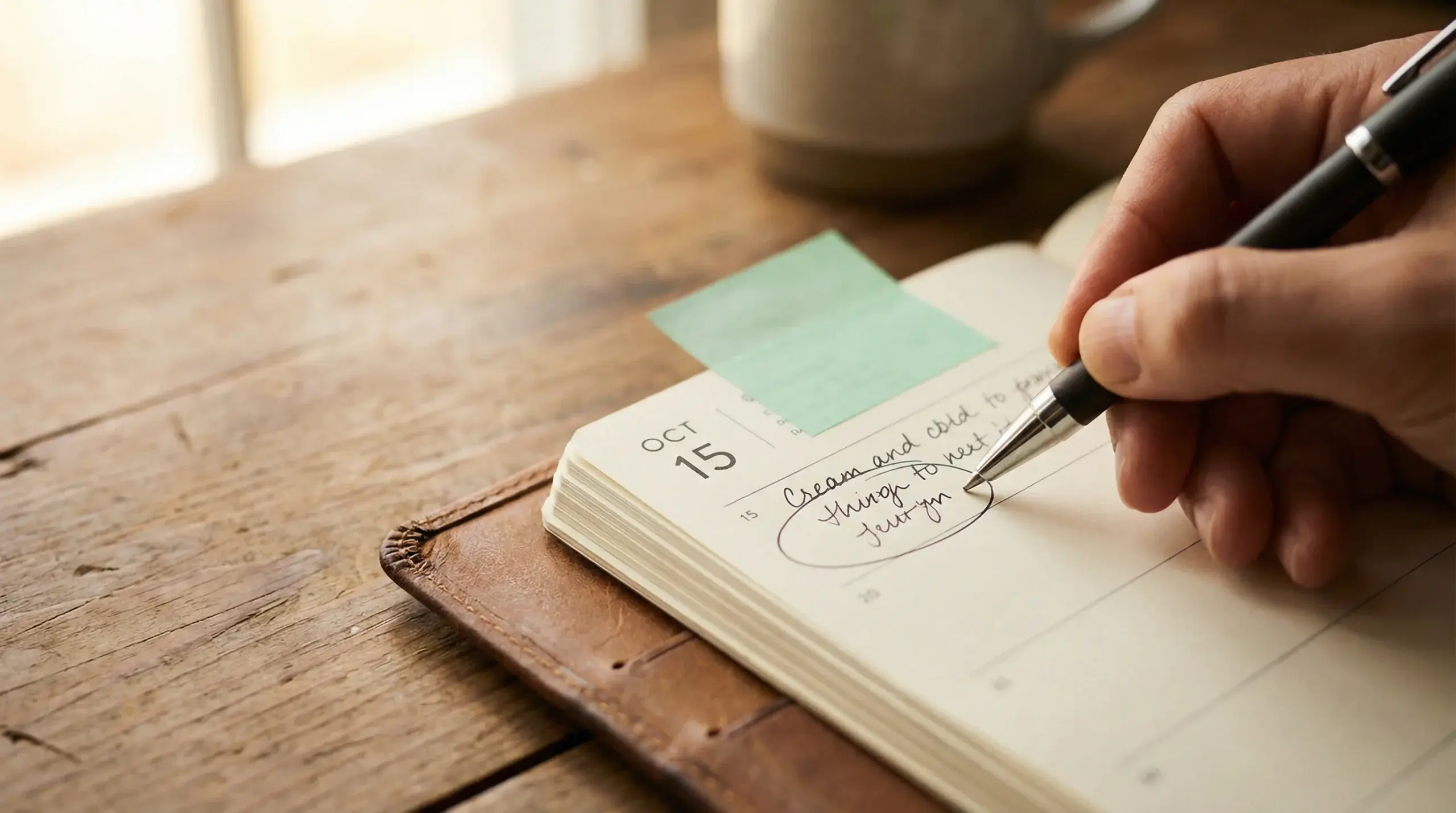 Hand writing a reminder note in a planner with a highlighted date, symbolising the GamStop auto-renewal opt-out window