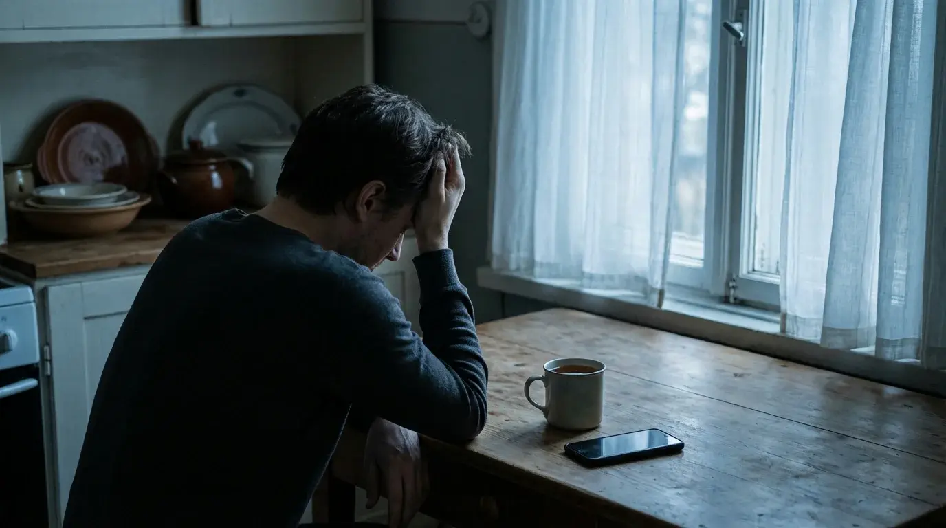 Person sitting alone in a dimly lit room with a phone on the table, reflecting on gambling addiction