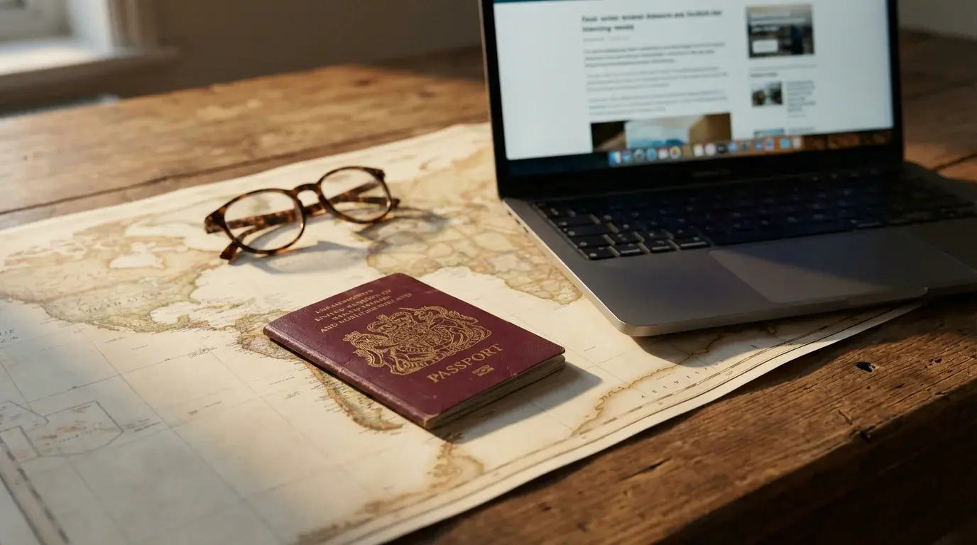 British passport resting on a world map next to a laptop, representing GamStop and expat life abroad