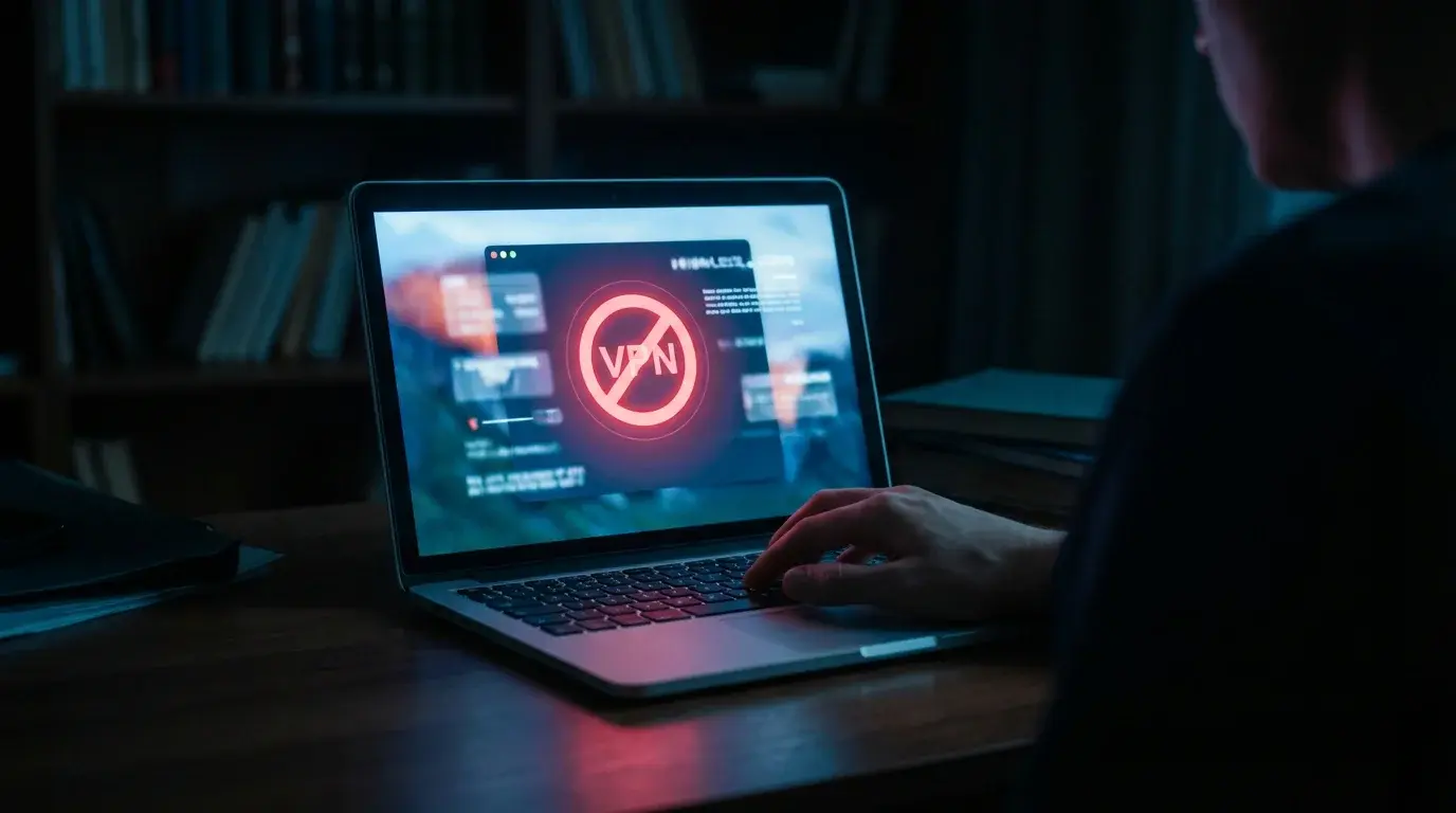 Laptop screen displaying a VPN connection with a red warning sign, illustrating VPN cannot bypass GamStop